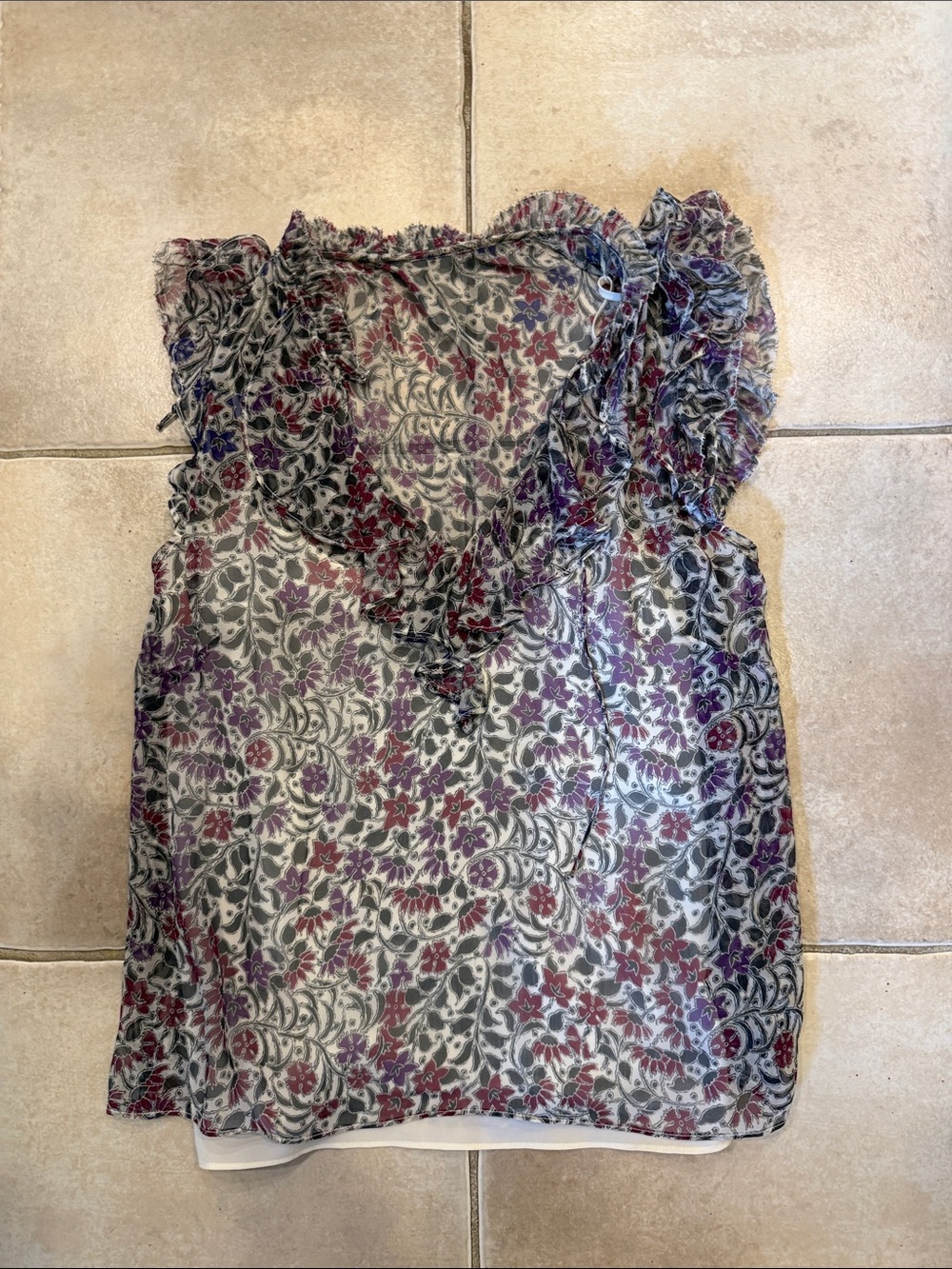 Veronica Beard Sheer Floral Ruffle V-Neck Camisole - Purple, Gray, Cream